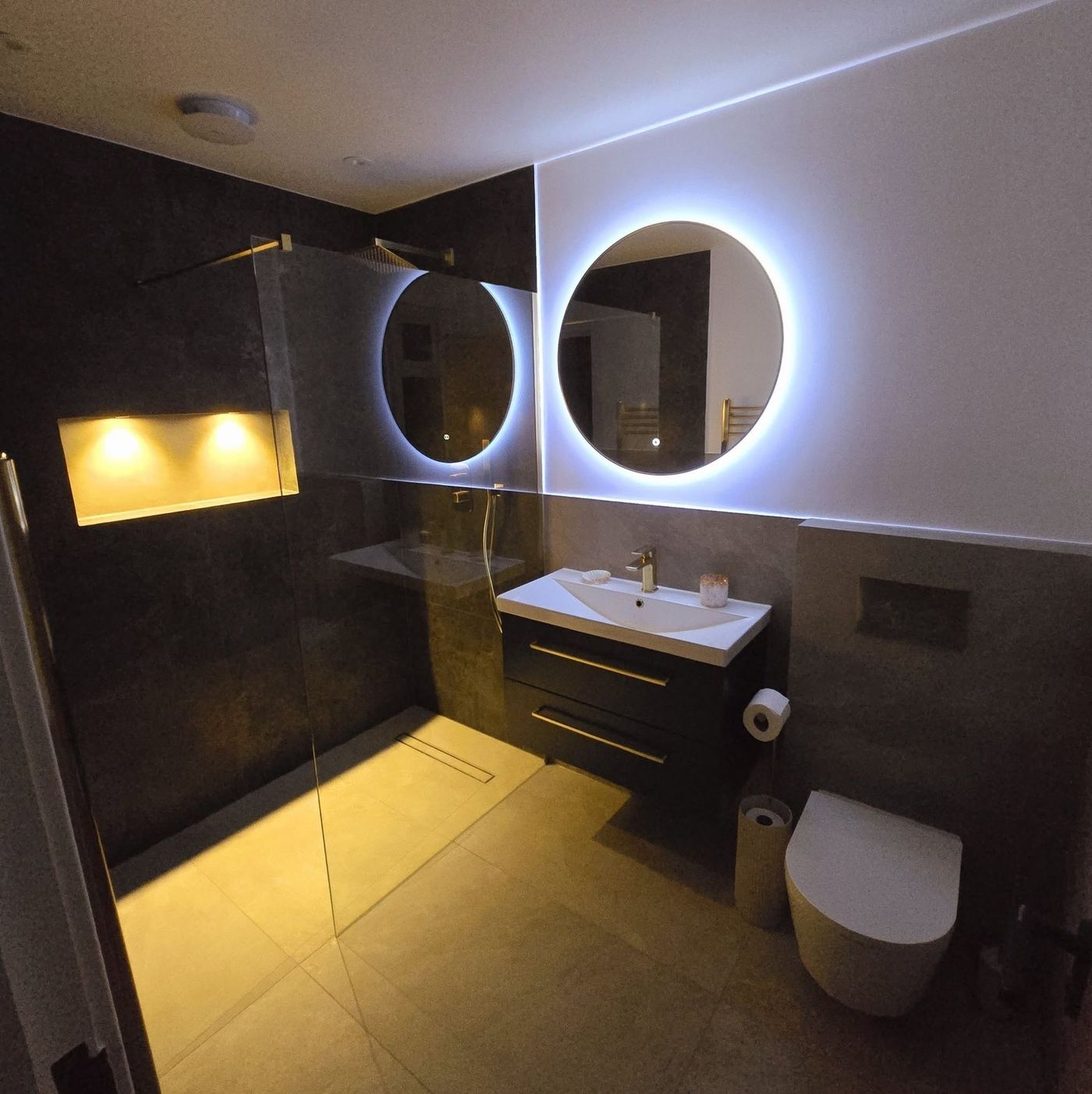 Bathroom installation with walk-in shower and dual vanity, GregTheBuilder
